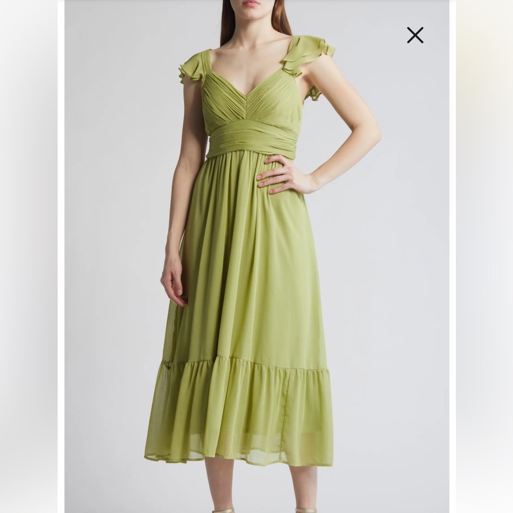 Zoe and Claire V-Neck Ruffle Chiffon Midi Dress